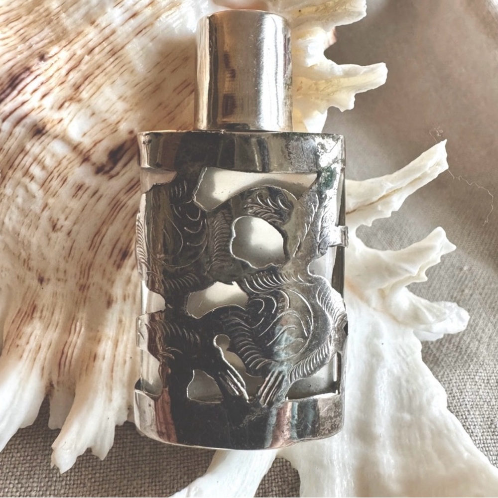Vintage Mexican Sterling Silver Overlay Perfume Bottle – Floral Motif, Mexico
